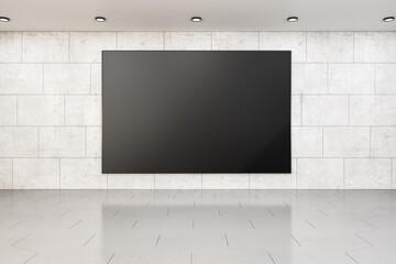 Modern concrete interior with empty black  banner on wall