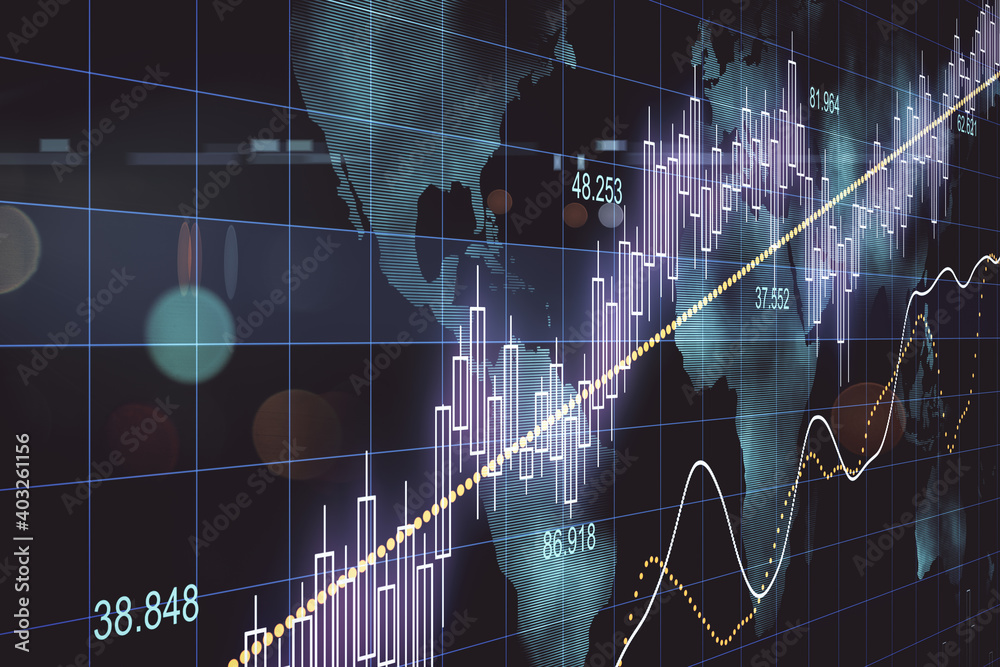 Aufkleber virtual screen with stock graphs and digital world map.