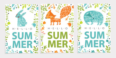 Set illustration with wild animals. Ornaments. Bear, hare, rabbit, fox, bird, flowers. Summer bright posters, postcards.eps 10