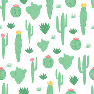 Children's seamless pattern with cactus on white background in cartoon style. Cute texture for kids room design, Wallpaper, textiles, wrapping paper, apparel. Vector illustration