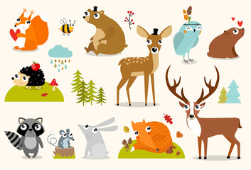 Print. forest animals collection including deer, bear, squirrel, fox, hedgehog, fawn, hare, raccoon, mouse, owl, bee. autumn forest. Cartoon animals. Cartoon characters.
