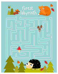 Print.  game for children with a labyrinth.  forest labyrinth. Forest animals. hedgehog, fox. cartoon animals.

