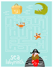 Print. Labyrinths. Find the treasure. The pirate is looking for a treasure. A game for children.