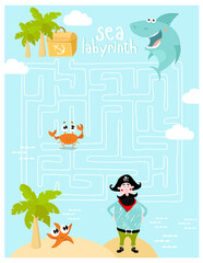 Print. Labyrinths. Find the treasure. The pirate is looking for a treasure. A game for children.