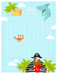 Print. Labyrinths. Find the treasure. The pirate is looking for a treasure. A game for children.