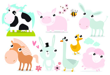 Vector set with pets. animal farms. cow, pig, donkey, horse, rabbit, goose, duck, sheep, lamb. cartoon animals. cartoon characters