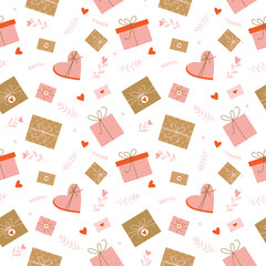 Romantic Valentine's Day seamless pattern with hearts, love letters, gifts and floral elements.