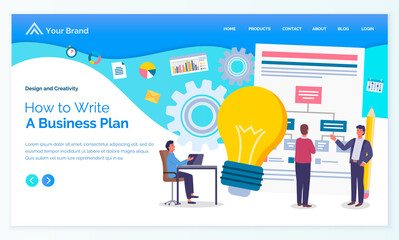 Landing page of business website. Website slogan how to write business plan. Cohesive people discuss creative solutions and idea on large information plan board background, conceptual giant bulb,