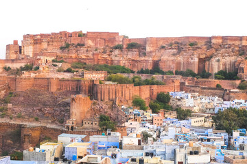 Fototapeta na wymiar View of Mehrangar Fort from roof top the hotel in Jodhpur city, The Blue city in Rajasthan India.