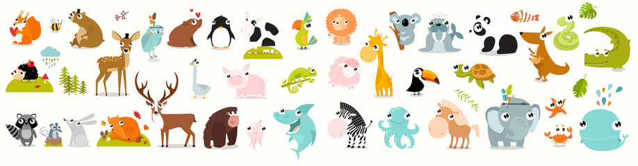 Print. Big set of animals. cow, alligator, bear, panda, penguin, octopus, koala, cartoon...