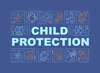 Child protection from abuse word concepts banner. Save kids from domestic violence. Infographics with linear icons on navy background. Isolated typography. Vector outline RGB color illustration