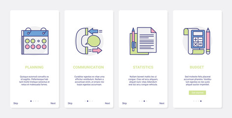 Business planning budget, communication vector illustration. UX, UI onboarding mobile app page screen set with line planner, office supplies for calculating business statistics and research symbols