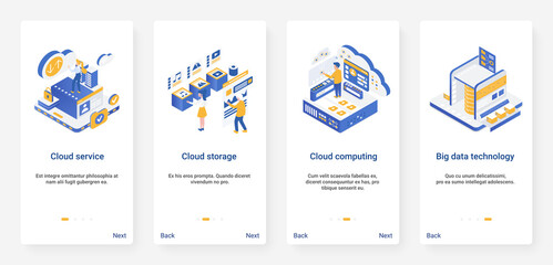 Obraz na płótnie Canvas Isometric cloud data storage technology vector illustration. UX, UI onboarding mobile app page screen set with cartoon 3d computing, modern database service for storing, uploading file information
