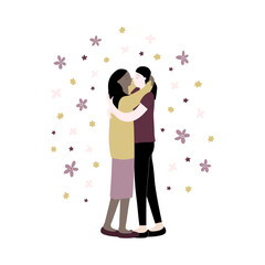 Vector flat illustration with a couple of girls in love hug and kiss. LGBT, lesbians. World Kissing Day. Same-sex love. Bisexual. Women with a homosexual orientation. On flowers background
