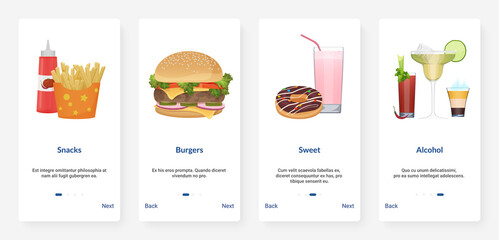 Fast food drink menu cartoon vector illustration. UX, UI onboarding mobile app page screen set with fastfood cafe takeaway burger and fries, milkshake and sweet dessert, drinking alcohol cocktail