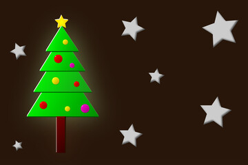 green christmas tree decorated with balls and star on dark backgroud of the night. Christmas eve concept.