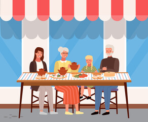 People taste traditional dishes flat vector illustration. Dining table with borsch, pancakes and buns. Family, eating russian food outside. Characters have dinner in the background of a shop window
