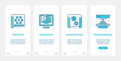 Creative 3d modelling process, scale modification vector illustration. UX, UI onboarding mobile app page screen set with line print processing symbols, prototype model printing, object settings