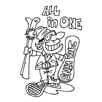 Winter sports all in one, champion in skiing and snowboarding and skating with a gold medal on his neck, sport joke, black and white cartoon