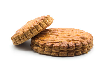 Closeup of traditional king cake on white background