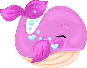 Cartoon colorful pink whale with heart bubbles template. Bright vector illustration for games, background, pattern, decor. Print for fabrics and other surfaces.