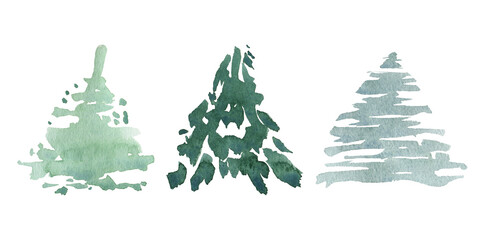 watercolor clipart of pine trees, sketch of spruce, cedar, pine. Evergreen trees for cards, logos, invitations, posters
