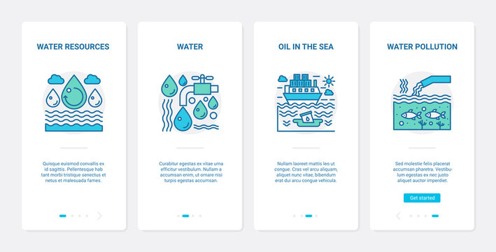 Eco Water Pollution Problem Vector Illustration. UX, UI Onboarding Mobile App Page Screen Set With Line Water Resources Symbol, Oil Spill In Sea Or Ocean Pollutes Ecology Ecosystem Of Environment
