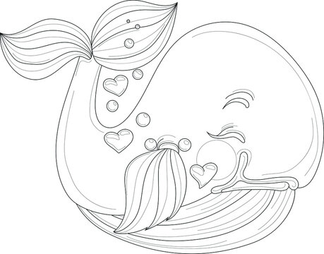 Cartoon whale with heart bubbles sketch template. Vector illustration in black and white for games, background, pattern, decor. Coloring paper, page, story book. Print for fabrics and other surfaces.