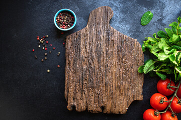 wooden kitchen cutting board for preparing meals or serving a ready meal ready to cook and eat on...