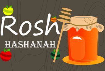 Jewish new year. Rosh hashanah, shana tova israel holiday greeting card with traditionl honey jar apple and pomigranate vector illustration.