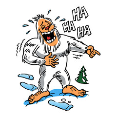 Yetti giant snowman laughing and pointing his finger, winter joke, color cartoon