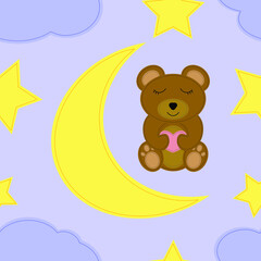 Seamless pattern. Felt toys. Cute bear, moon with stars, cloud. Illustration of simple toys.