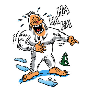 Yetti giant snowman laughing and pointing his finger, winter joke, color cartoon