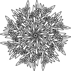 mandala flower daisy leaves branches flowering spring summer lined doodle coloring book page black and white background