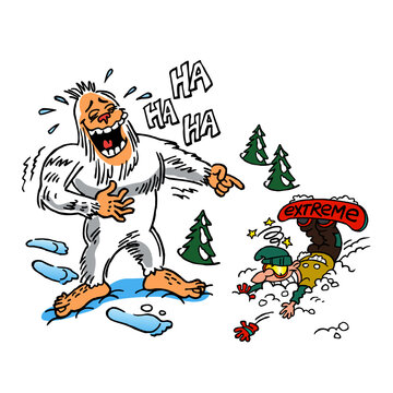Yetti snowman laughing at a broken snowboarder who had accidents, winter sport joke, color cartoon