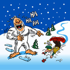 Yetti snowman laughing at a broken snowboarder who has fallen into the snow, winter sport joke, color cartoon