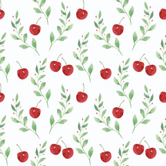 Hand painted watercolor seamless pattern Red Cherry