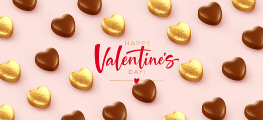 Background for Valentines Day banner, poaster, postcard made of heart-shaped chocolates wrapped in gold foil with the inscription Happy Valentines Day on a pink background. Vector illustration