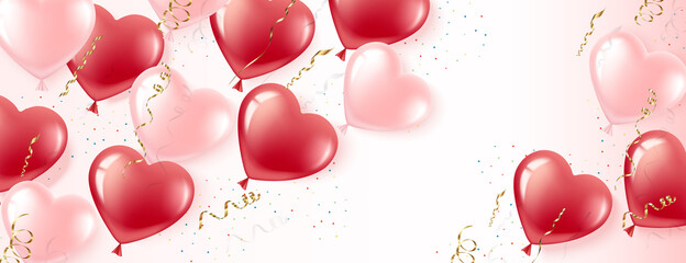 Horizontal banner of pink and red heart-shaped balloons on a white background. Gold balloons and confetti. Card for Valentine s Day and Women s Day.