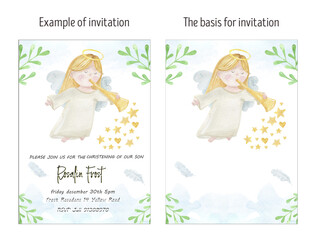 Epiphany invitation card, watercolor card. Baptism invitation cards, watercolor card. Watercolor angel, Baptism, religion. Christmas invitation card. Christmas angel. Christmas illustration