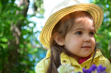 Girl with colored bouquets of lupines, sniffing flowers, brooding concept of spring or summer holidays, mother's day, easter Girl with bouquet of flowers in her hands Flowers, Spring, Romance, March 8