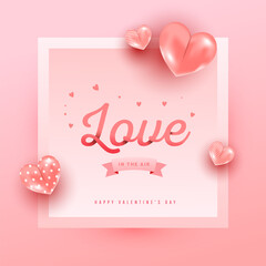 Obraz na płótnie Canvas Love text in paper style with realistic air heart shaped balloons flying and gradient frame on pink background. Design template for advertising, web, social media, greeting card