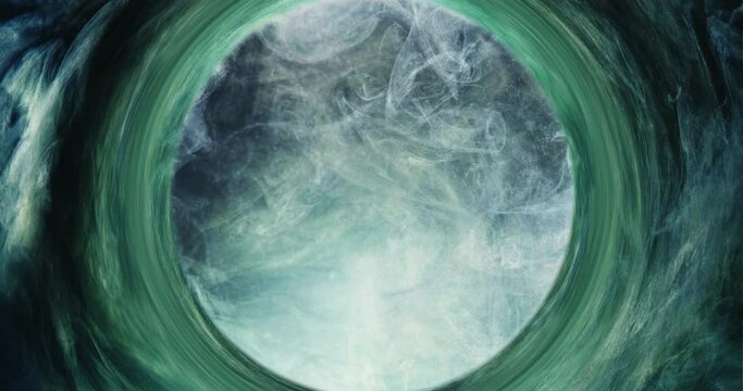 Colorful mist swirl. Dimensional portal. Glitter white smoke cloud spreading in in sage green gray ink round frame animation. Dark fume vortex abstract background.