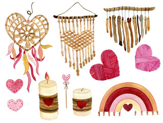 watercolor set for valentine's day in boho style