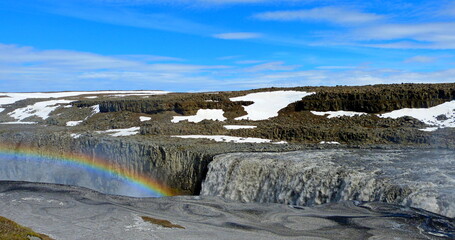 Rainbow over waterfall in Iceland, beautiful nature, peaceful landscape at summer time.