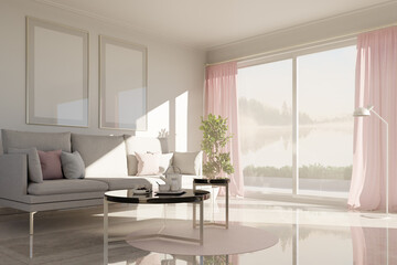 Living room mockup. Frame mockup in bright modern living room design with two vertical frames. 3D...