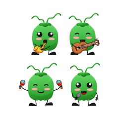 vector illustration of cute coconut fruit playing music theme bundle set. cute coconut fruit Concept White Isolated. Flat Cartoon Style Suitable for Landing Page, Banner, flyer, Sticker.