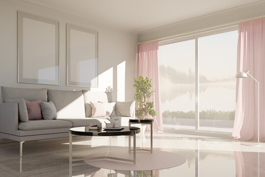 Living room mockup. Frame mockup in bright modern living room design with two vertical frames. 3D Render background.