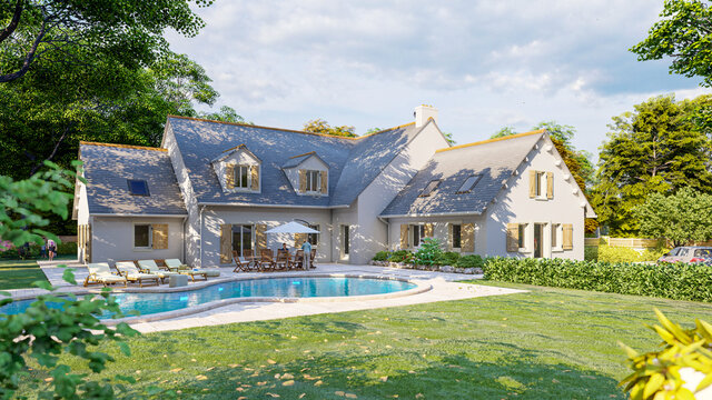 Classical pitched slate roof house with pool and garden