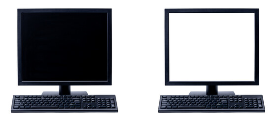 set of white and black square computer monitors with keyboard isolated on a white background. blank for design. desktop tft screen